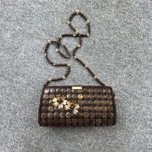 PANAMA Boho‎ Coconut Shell Beaded Crossbody Purse Brown Floral Small Bag Y2K